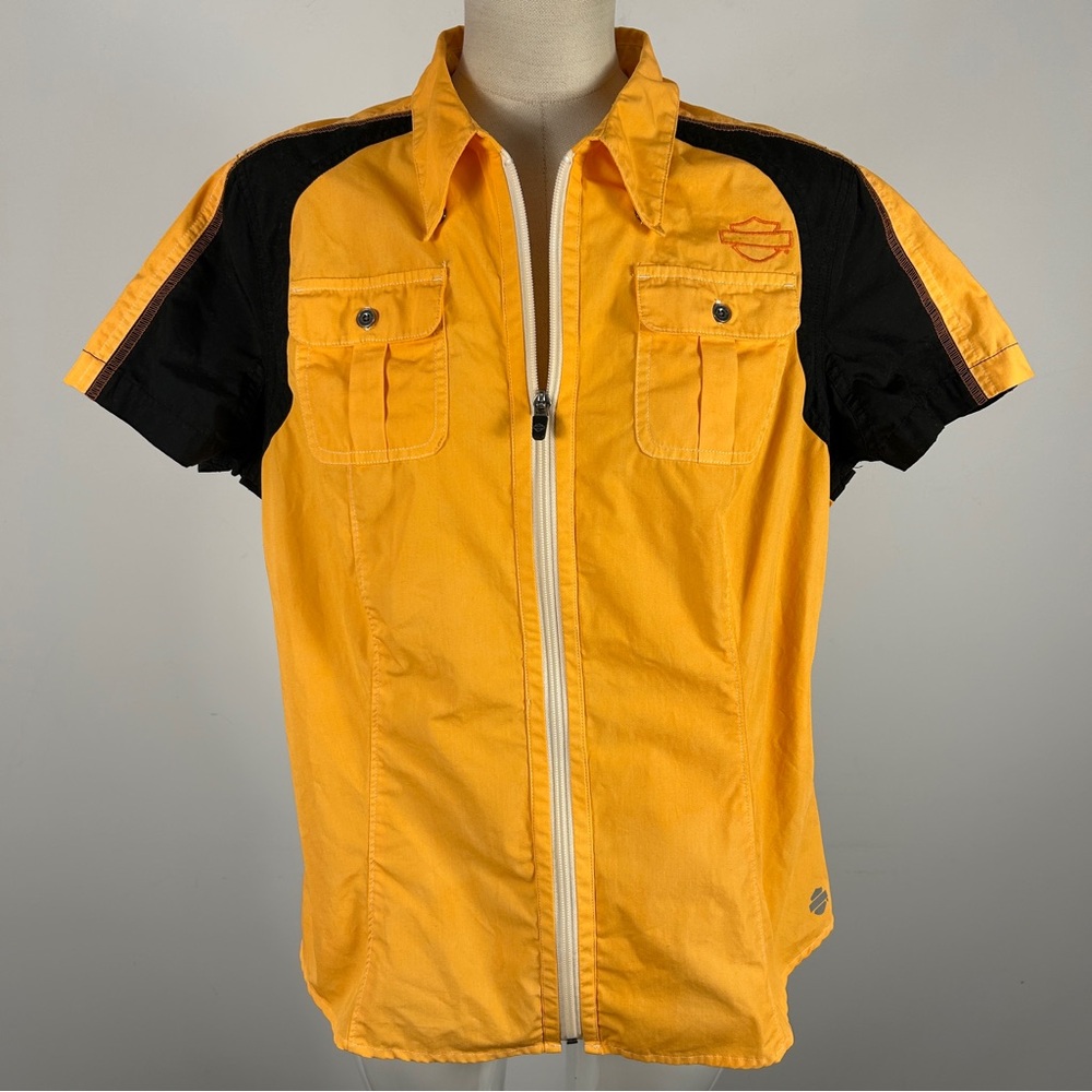 Orange & Black Short Sleeve Zip-Front Shirt - Women